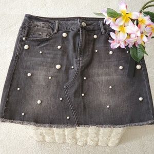 TINSEL Jean Skirt with Front Pearl Like Embellishments